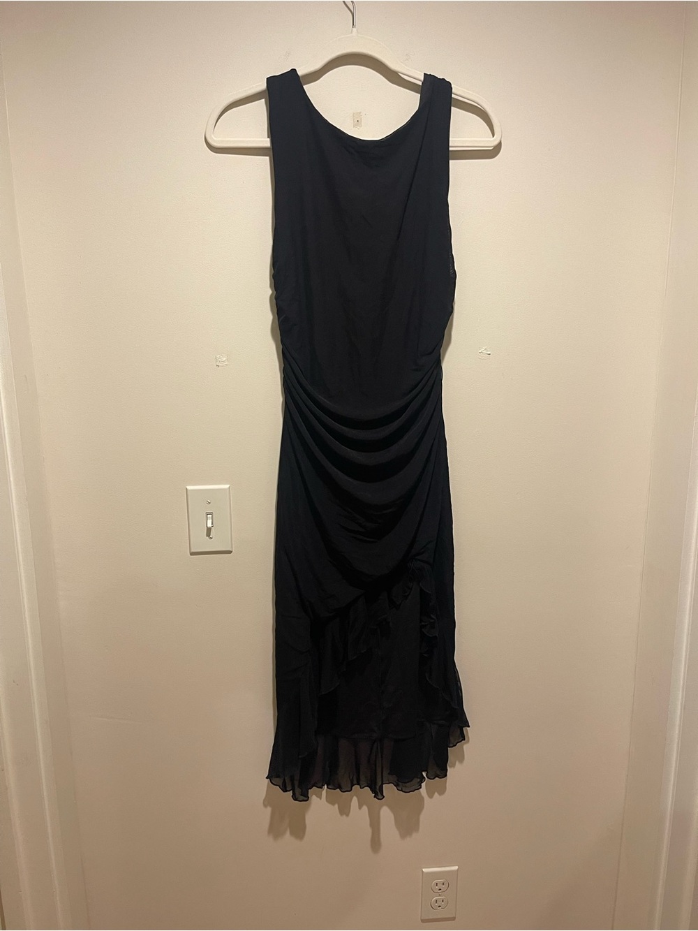 Black Ruched Bodycon Ruffle Midi Dress - Picture 2 of 2